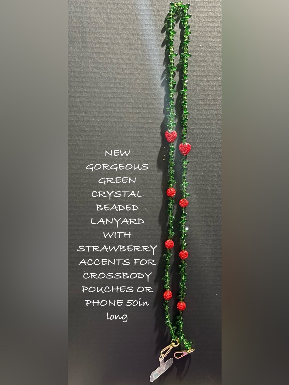 Green Crystal Beaded Phone lanyard or Purse Crossbody Strand WStrawberry Accents